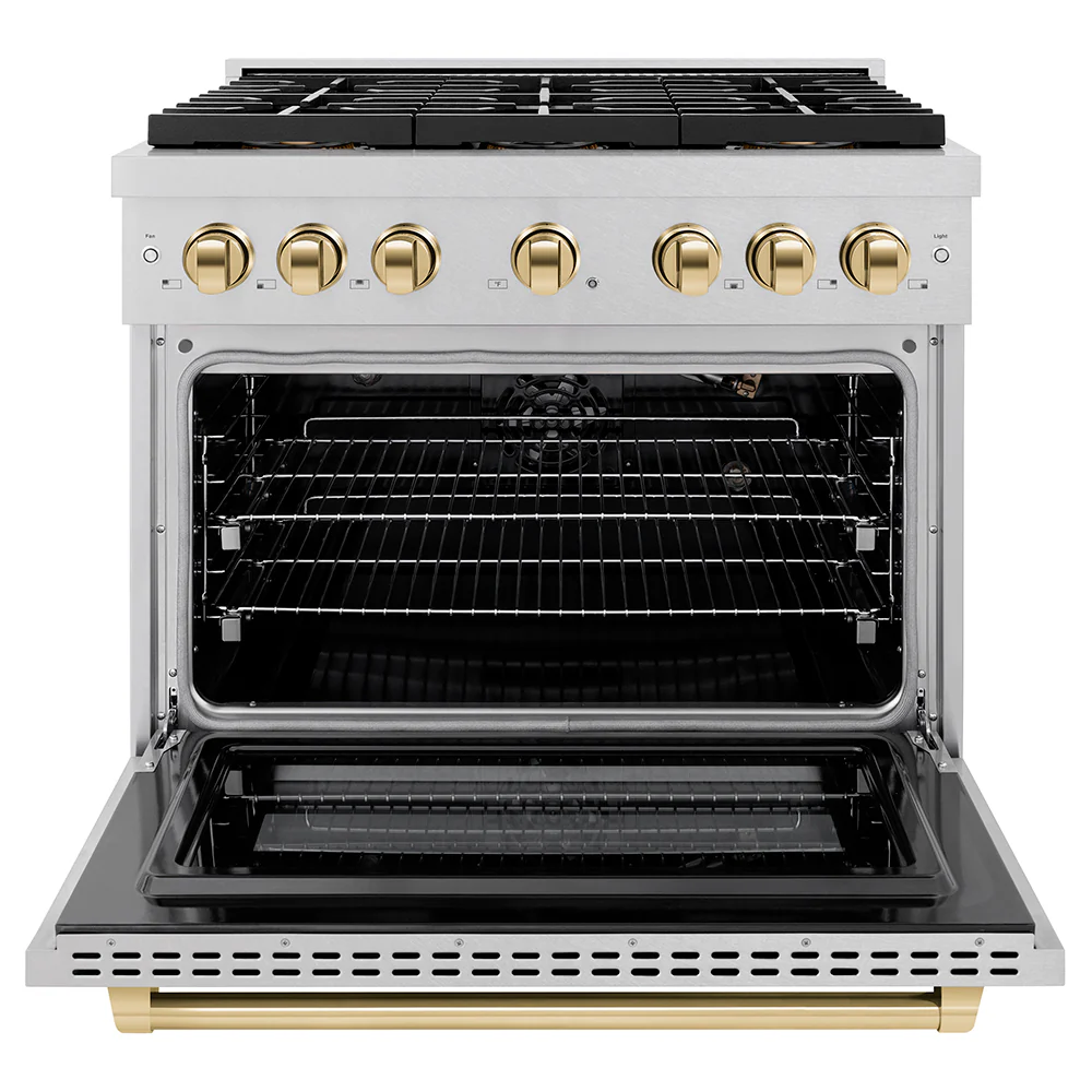 ZLINE Autograph Edition 36 in. 5.2 cu. ft. Paramount Gas Range with 6 Burner DuoPro™ Cooktop and Convection Gas Oven in Satin Stainless Steel and Polished Gold Accents, Open Box-Great Condition - Image 4