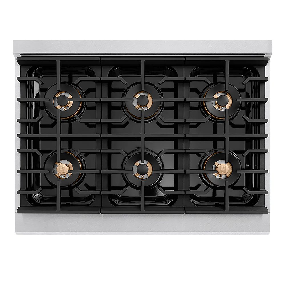 ZLINE Autograph Edition 36 in. 5.2 cu. ft. Paramount Gas Range with 6 Burner DuoPro™ Cooktop and Convection Gas Oven in Satin Stainless Steel with Black Matte Door and Champagne Bronze Accents, Open Box-Great Condition - Image 2