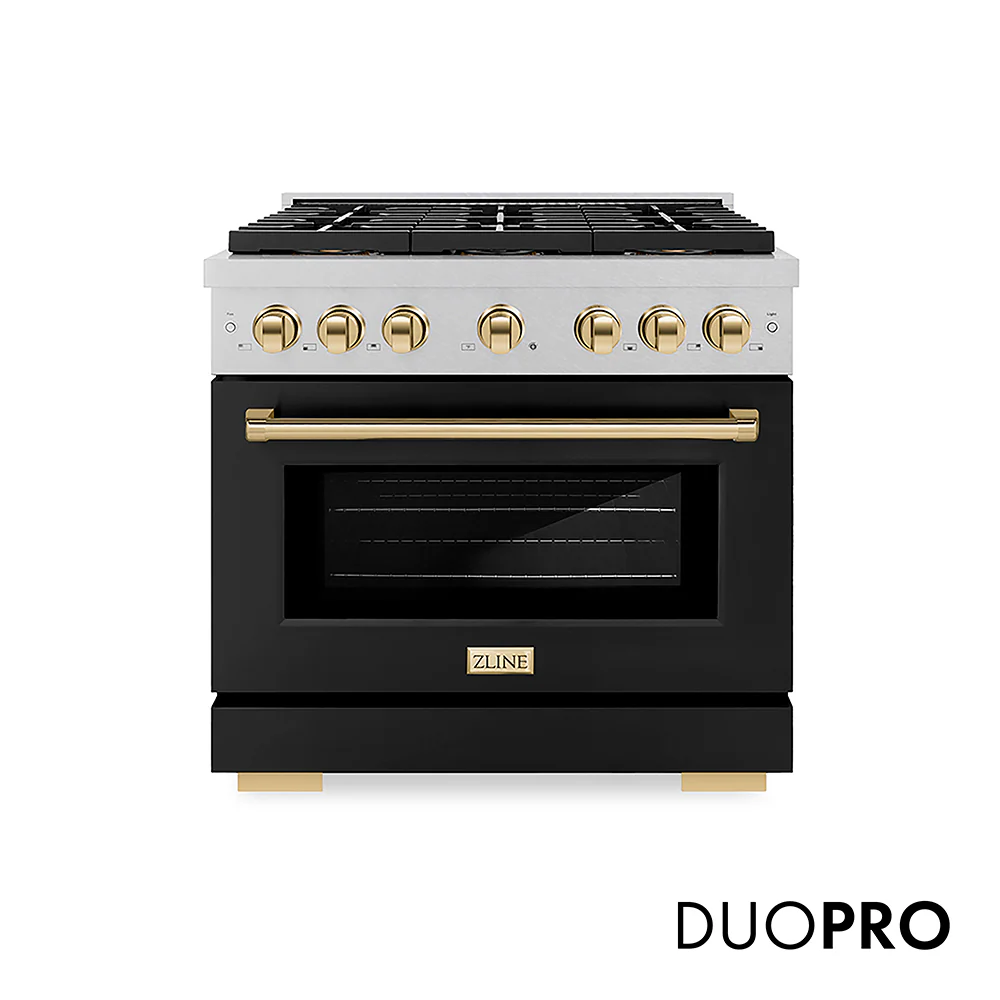 ZLINE Autograph Edition 36 in. 5.2 cu. ft. Paramount Gas Range with 6 Burner DuoPro™ Cooktop and Convection Gas Oven in Satin Stainless Steel with Black Matte Door and Polished Gold Accents, Open Box-Great Condition