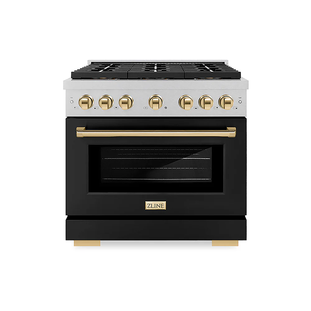 ZLINE Autograph Edition 36 in. 5.2 cu. ft. Paramount Gas Range with 6 Burner DuoPro™ Cooktop and Convection Gas Oven in Satin Stainless Steel with Black Matte Door and Polished Gold Accents, Open Box-Great Condition - Image 3
