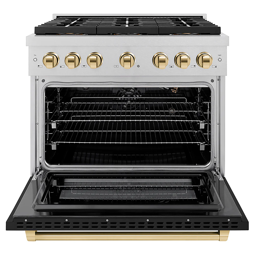 ZLINE Autograph Edition 36 in. 5.2 cu. ft. Paramount Gas Range with 6 Burner DuoPro™ Cooktop and Convection Gas Oven in Satin Stainless Steel with Black Matte Door and Polished Gold Accents, Open Box-Great Condition - Image 4