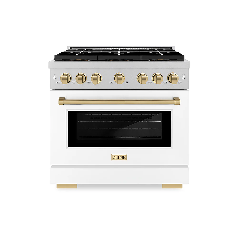 ZLINE Autograph Edition 36 in. 5.2 cu. ft. Paramount Gas Range with 6 Burner DuoPro™ Cooktop and Convection Gas Oven in Satin Stainless Steel with White Matte Door and Champagne Bronze Accents, Open Box-Great Condition - Image 3