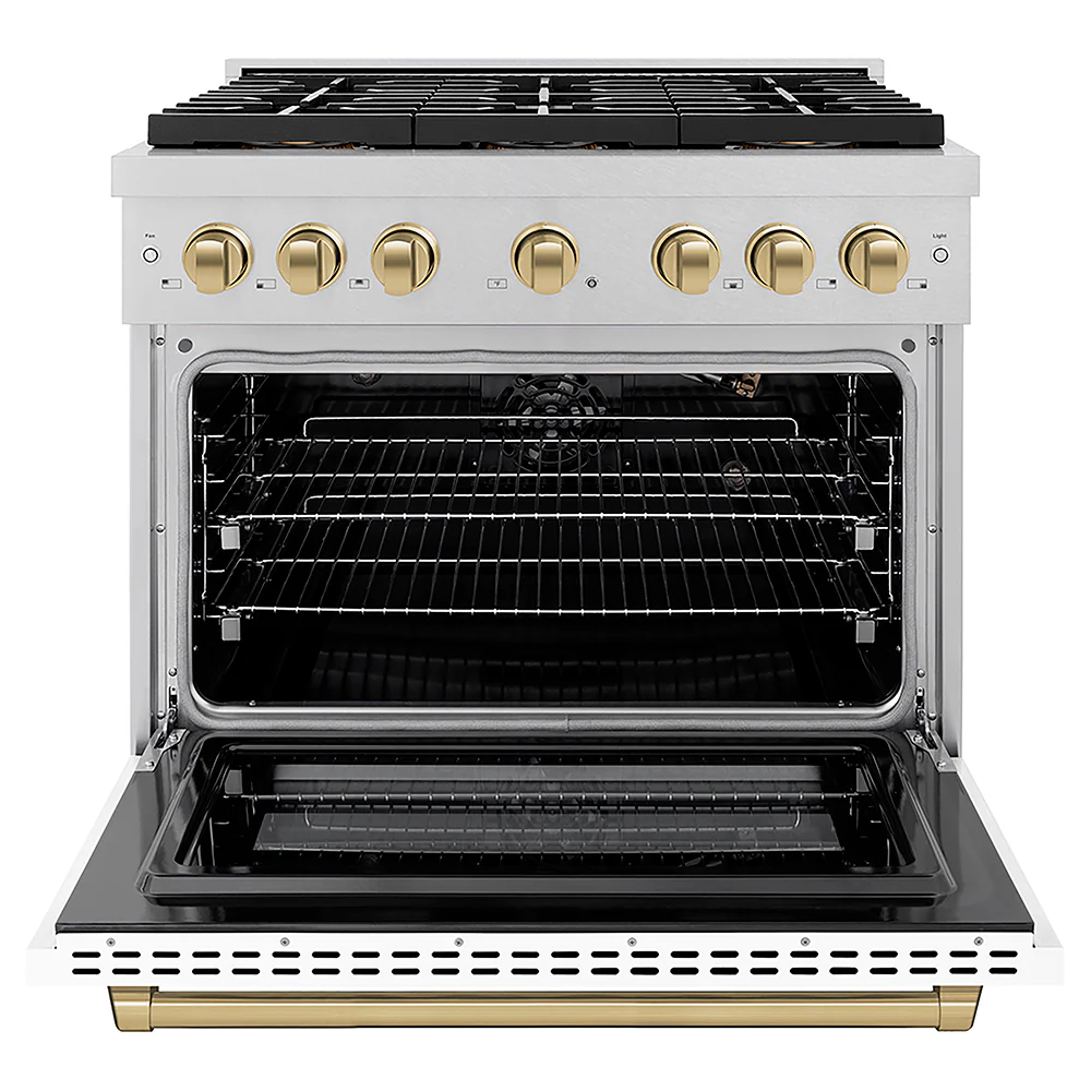 ZLINE Autograph Edition 36 in. 5.2 cu. ft. Paramount Gas Range with 6 Burner DuoPro™ Cooktop and Convection Gas Oven in Satin Stainless Steel with White Matte Door and Champagne Bronze Accents, Open Box-Great Condition - Image 4