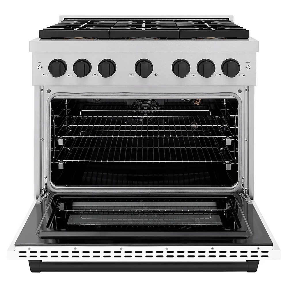 ZLINE Autograph Edition 36 in. 5.2 cu. ft. Paramount Gas Range with 6 Burner DuoPro™ Cooktop and Convection Gas Oven in Satin Stainless Steel with White Matte Door and Matte Black Accents, Open Box-Great Condition - Image 4