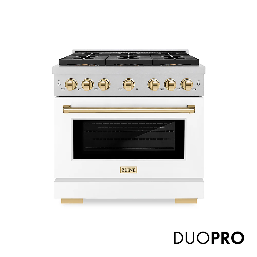 ZLINE Autograph Edition 36 in. 5.2 cu. ft. Paramount Gas Range with 6 Burner DuoPro™ Cooktop and Convection Gas Oven in Satin Stainless Steel with White Matte Door and Polished Gold Accents, Open Box-Great Condition