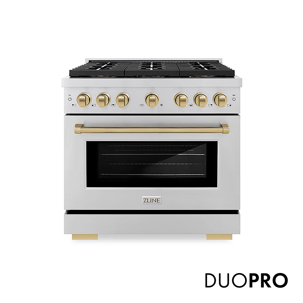 ZLINE Autograph Edition 36 in. 5.2 cu. ft. Paramount Gas Range with 6 Burner DuoPro™ Cooktop and Convection Gas Oven in Stainless Steel and Champagne Bronze Accents, Open Box-Great Condition
