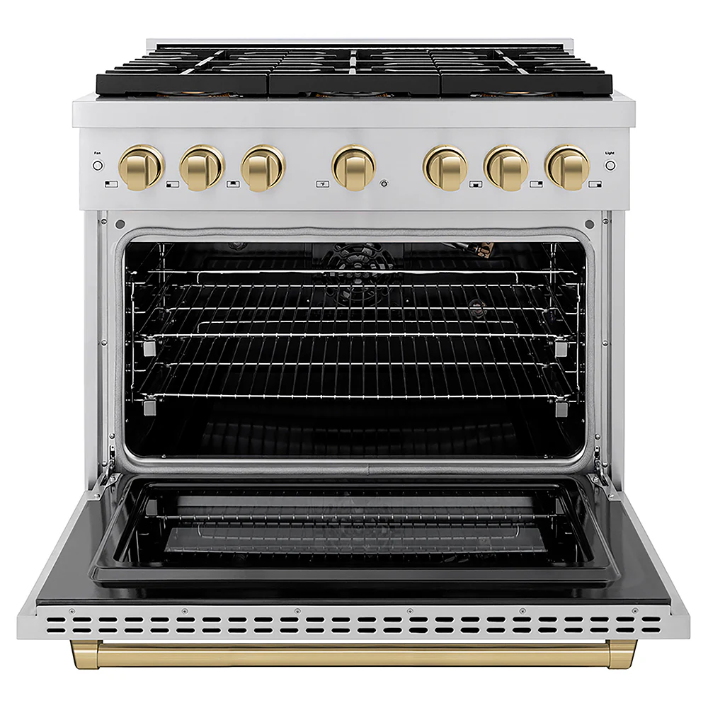 ZLINE Autograph Edition 36 in. 5.2 cu. ft. Paramount Gas Range with 6 Burner DuoPro™ Cooktop and Convection Gas Oven in Stainless Steel and Champagne Bronze Accents, Open Box-Great Condition - Image 4