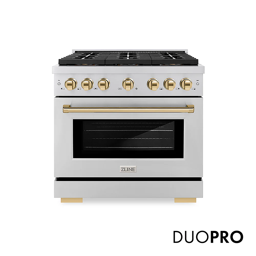 ZLINE Autograph Edition 36 in. 5.2 cu. ft. Paramount Gas Range with 6 Burner DuoPro™ Cooktop and Convection Gas Oven in Stainless Steel and Polished Gold Accents, Open Box-Great Condition