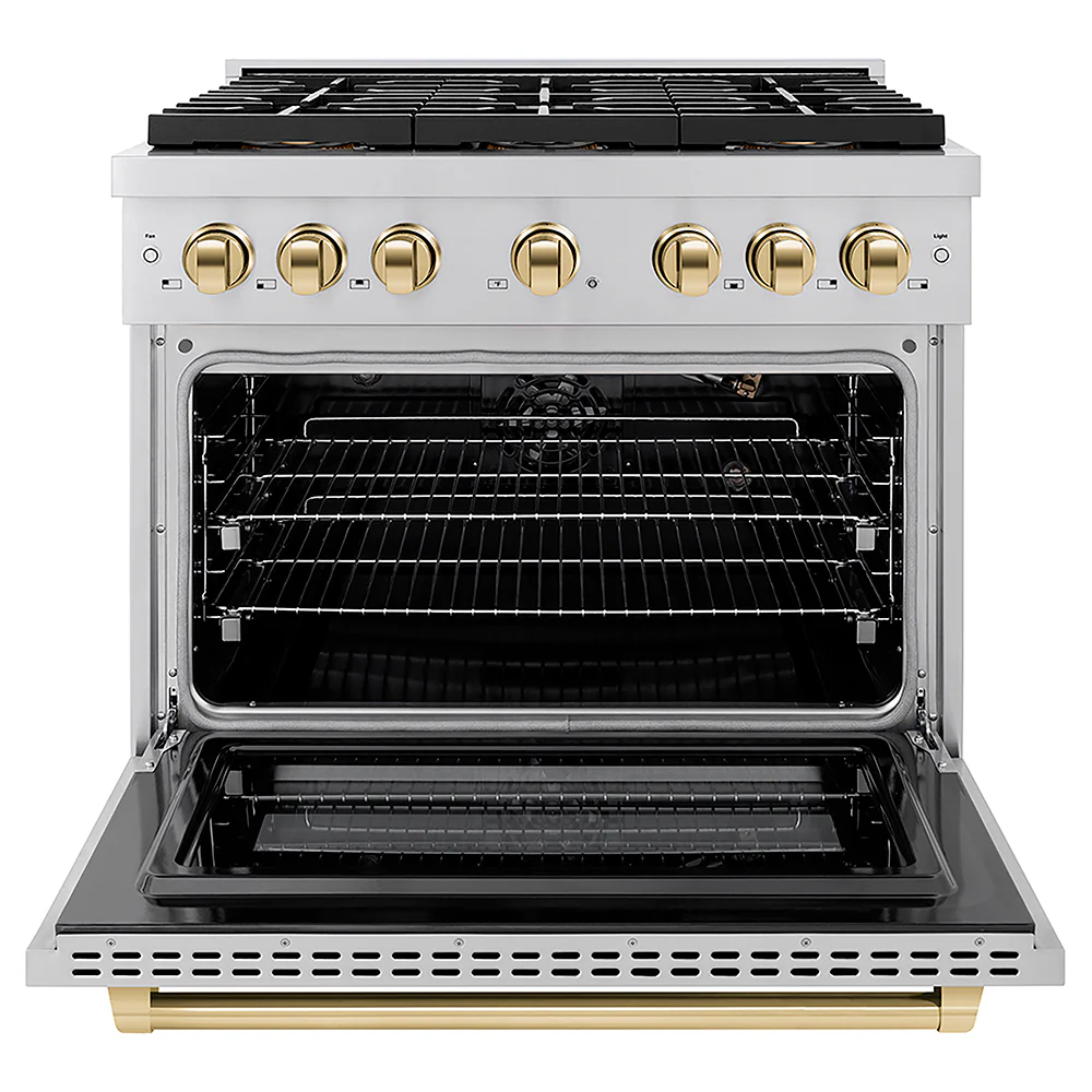 ZLINE Autograph Edition 36 in. 5.2 cu. ft. Paramount Gas Range with 6 Burner DuoPro™ Cooktop and Convection Gas Oven in Stainless Steel and Polished Gold Accents, Open Box-Great Condition - Image 4