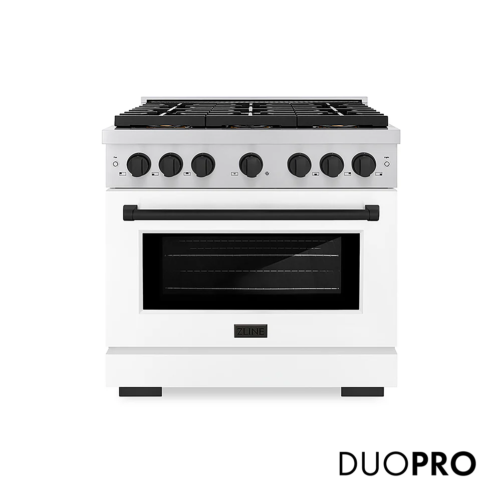 ZLINE Autograph Edition 36 in. 5.2 cu. ft. Paramount Gas Range with 6 Burner DuoPro™ Cooktop and Convection Gas Oven with White Matte Door and Matte Black Accents, Open Box-Great Condition