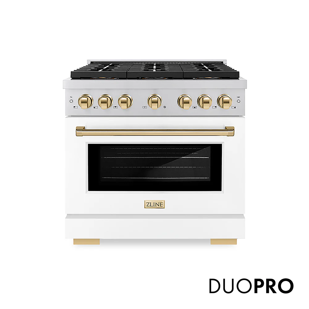 ZLINE Autograph Edition 36 in. 5.2 cu. ft. Paramount Gas Range with 6 Burner DuoPro™ Cooktop and Convection Gas Oven with White Matte Door and Polished Gold Accents, Open Box-Great Condition