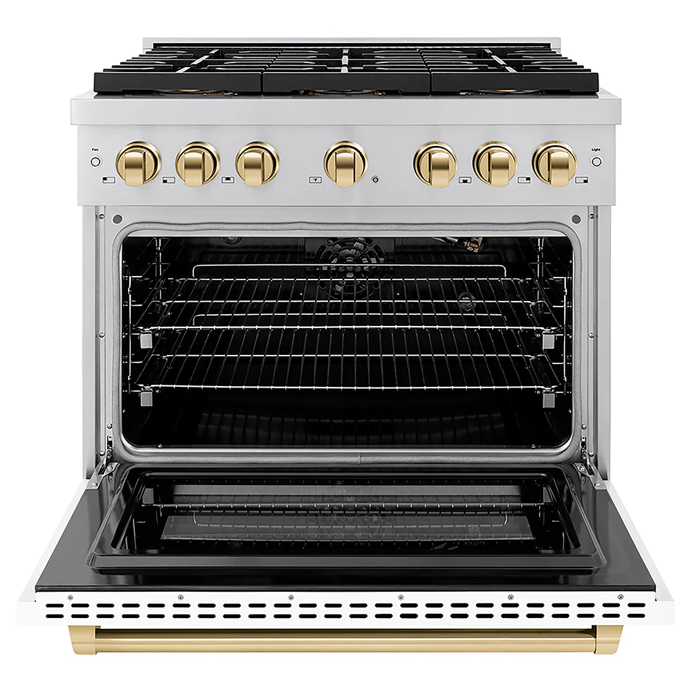 ZLINE Autograph Edition 36 in. 5.2 cu. ft. Paramount Gas Range with 6 Burner DuoPro™ Cooktop and Convection Gas Oven with White Matte Door and Polished Gold Accents, Open Box-Great Condition - Image 4