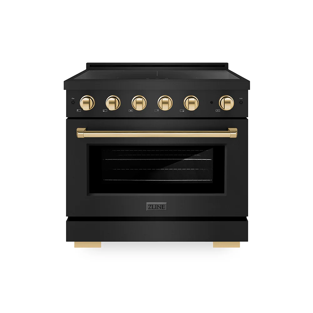 ZLINE Autograph Edition 36 in. 5.2 cu. ft. Paramount Induction Range with 5 Element Cooktop and Electric Convection Oven in Black Stainless Steel with Polished Gold Accents, Open Box-Great Condition
