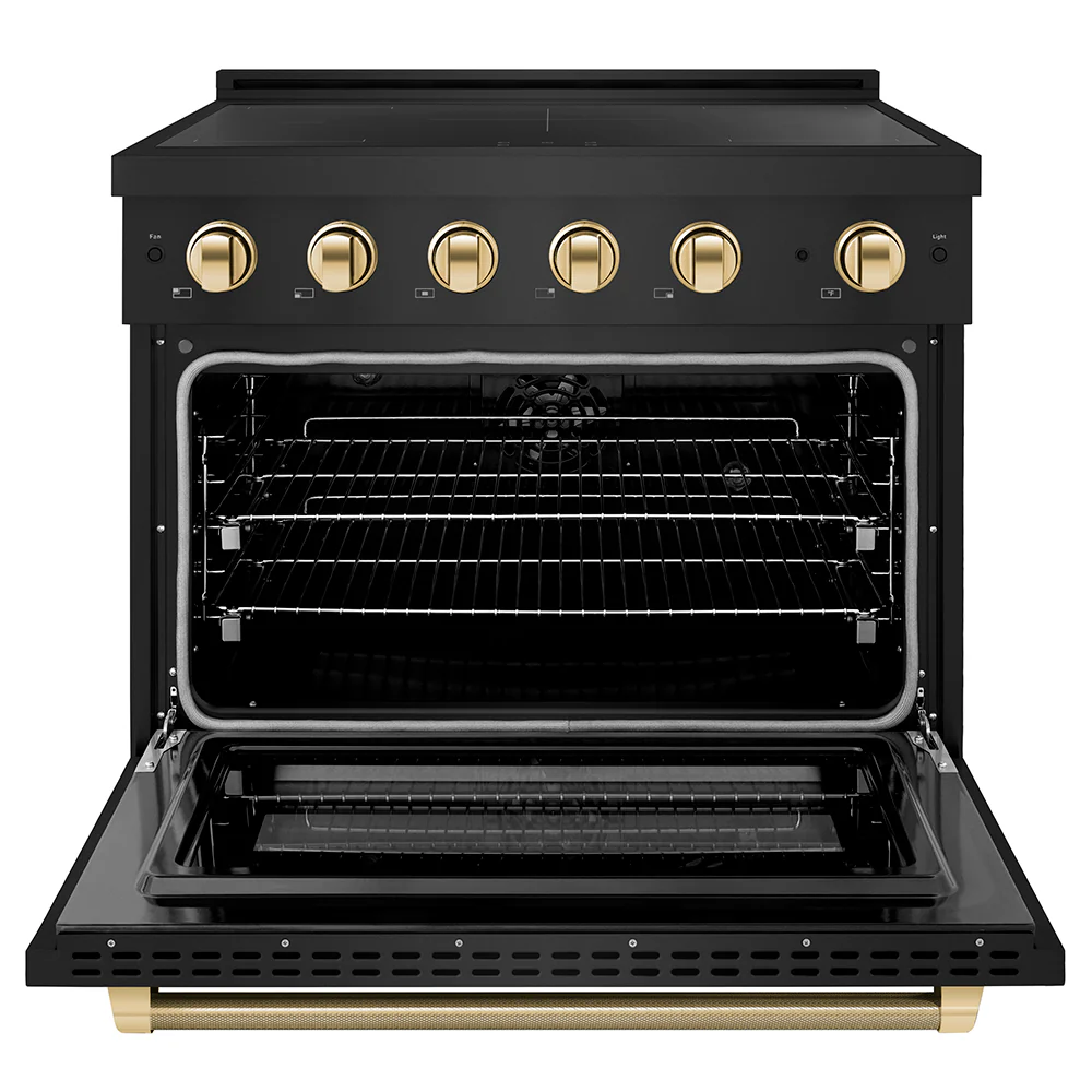 ZLINE Autograph Edition 36 in. 5.2 cu. ft. Paramount Induction Range with 5 Element Cooktop and Electric Convection Oven in Black Stainless Steel with Polished Gold Helix Handle and Knob Accents (SINRBZ-36-KG) - Image 4
