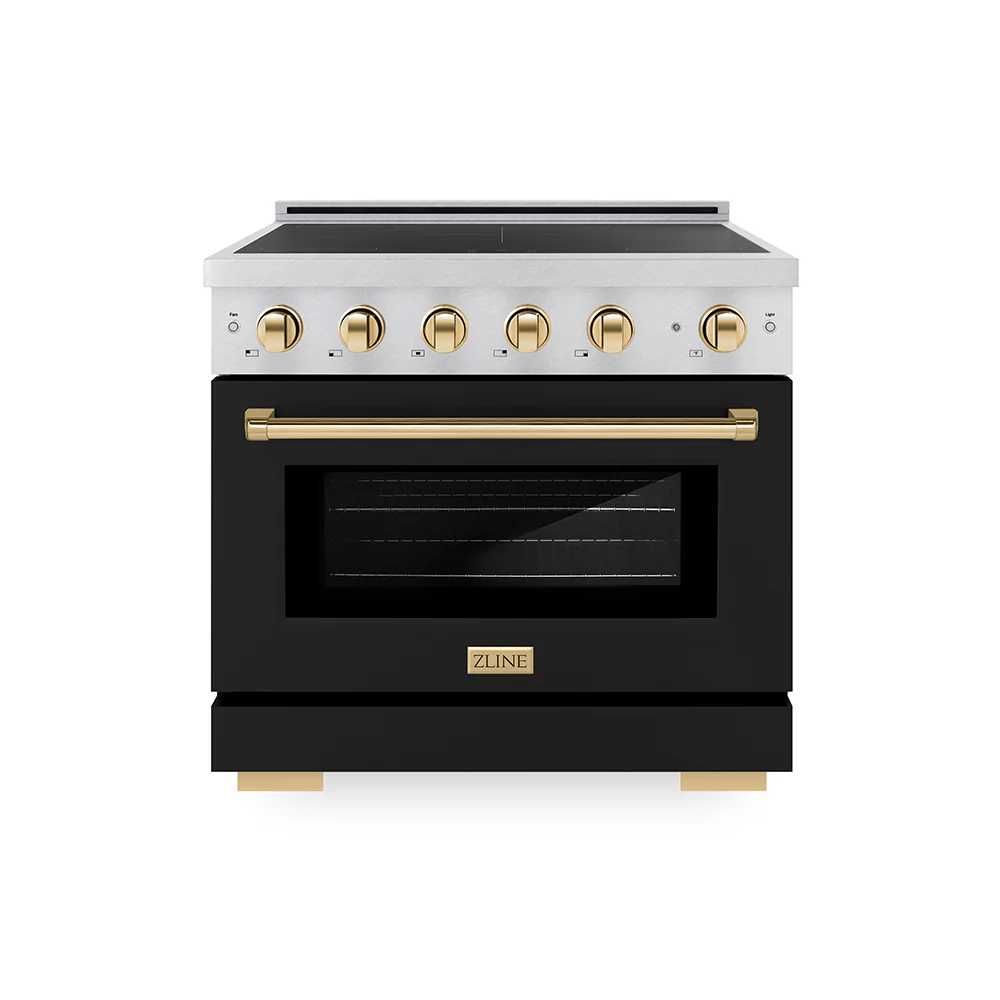 ZLINE Autograph Edition 36 in. 5.2 cu. ft. Paramount Induction Range with 5 Element Cooktop and Electric Convection Oven in Satin Stainless Steel with Black Matte Door and Polished Gold Accents, Open Box-Great Condition