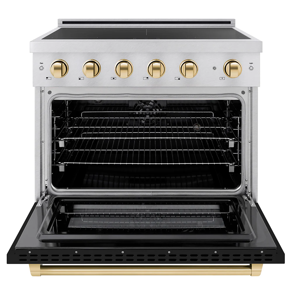 ZLINE Autograph Edition 36 in. 5.2 cu. ft. Paramount Induction Range with 5 Element Cooktop and Electric Convection Oven in Satin Stainless Steel with Black Matte Door and Polished Gold Accents (SINRSZ-BLM36-G) - Image 3