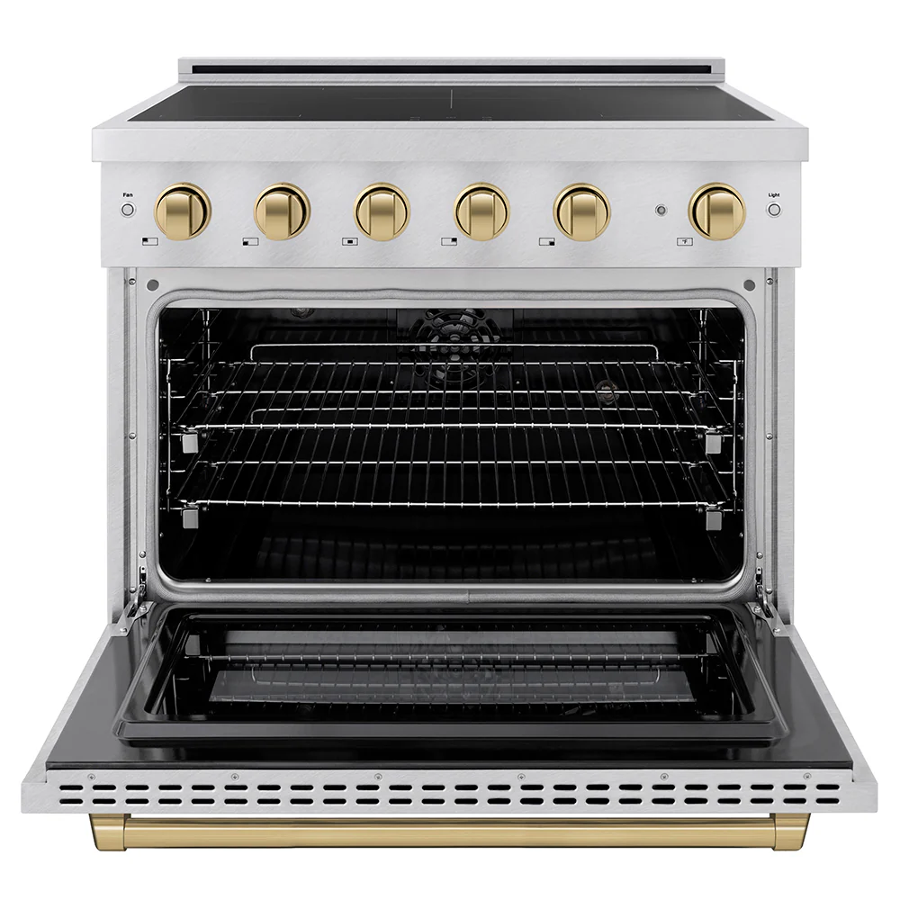 ZLINE Autograph Edition 36 in. 5.2 cu. ft. Paramount Induction Range with 5 Element Cooktop and Electric Convection Oven in Satin Stainless Steel with Champagne Bronze Accents, Open Box-Great Condition - Image 3