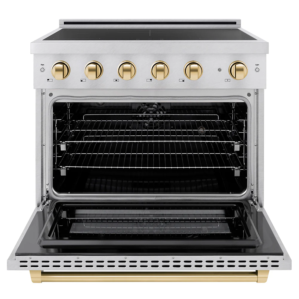 ZLINE Autograph Edition 36 in. 5.2 cu. ft. Paramount Induction Range with 5 Element Cooktop and Electric Convection Oven in Satin Stainless Steel with Polished Gold Accents, Open Box-Great Condition - Image 3