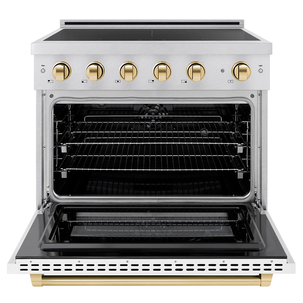 ZLINE Autograph Edition 36 in. 5.2 cu. ft. Paramount Induction Range with 5 Element Cooktop and Electric Convection Oven in Satin Stainless Steel with White Matte Door and Polished Gold Accents, Open Box-Great Condition - Image 3