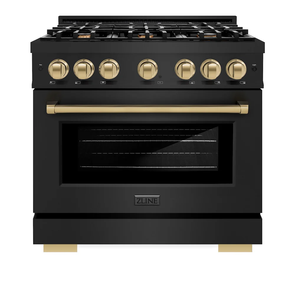 ZLINE Autograph Edition 36 in. 5.2 cu. ft. Select Dual Fuel Range with 6 Burner Gas Cooktop and Electric Convection Oven in Black Stainless Steel with Champagne Bronze Accents, Open Box-Great Condition - Image 4