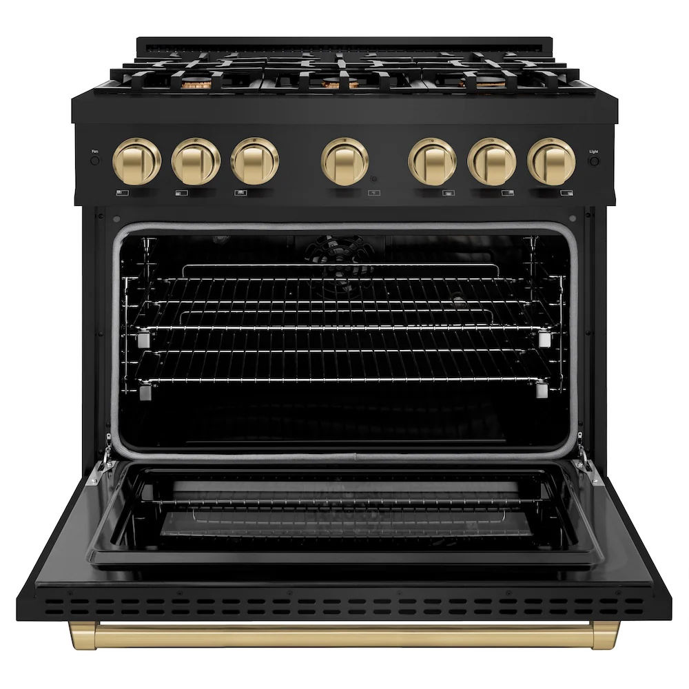 ZLINE Autograph Edition 36 in. 5.2 cu. ft. Select Dual Fuel Range with 6 Burner Gas Cooktop and Electric Convection Oven in Black Stainless Steel with Champagne Bronze Accents, Open Box-Great Condition - Image 5