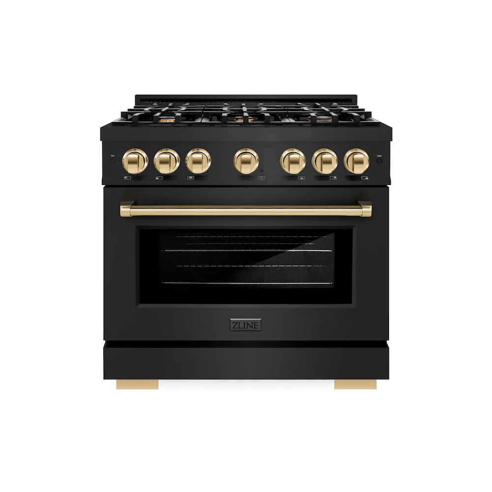 ZLINE Autograph Edition 36 in. 5.2 cu. ft. Select Dual Fuel Range with 6 Burner Gas Cooktop and Electric Convection Oven in Black Stainless Steel with Polished Gold Accents, Open Box-Great Condition - Image 3