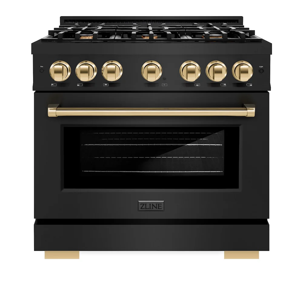 ZLINE Autograph Edition 36 in. 5.2 cu. ft. Select Dual Fuel Range with 6 Burner Gas Cooktop and Electric Convection Oven in Black Stainless Steel with Polished Gold Accents, Open Box-Great Condition - Image 4