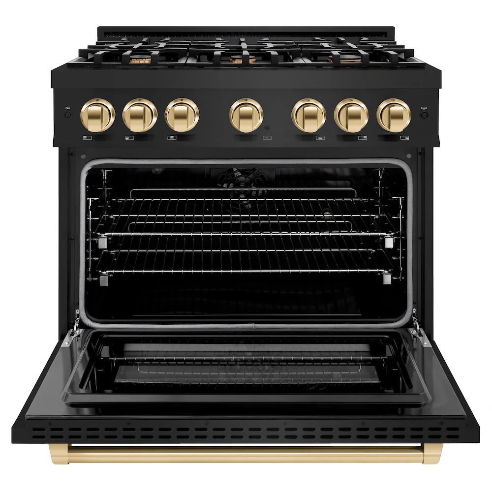 ZLINE Autograph Edition 36 in. 5.2 cu. ft. Select Dual Fuel Range with 6 Burner Gas Cooktop and Electric Convection Oven in Black Stainless Steel with Polished Gold Accents, Open Box-Great Condition - Image 5