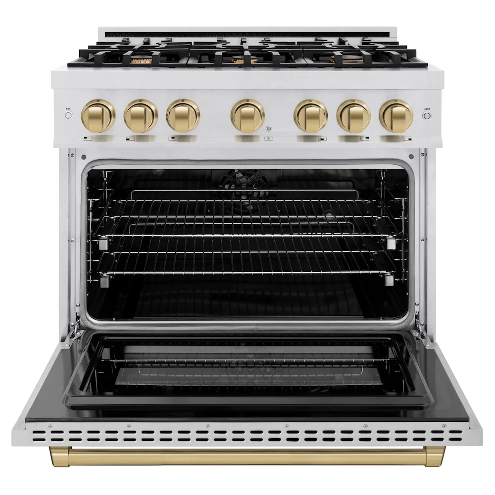ZLINE Autograph Edition 36 in. 5.2 cu. ft. Select Dual Fuel Range with 6 Burner Gas Cooktop and Electric Convection Oven in Satin Stainless Steel with Champagne Bronze Accents, Open Box-Great Condition - Image 5