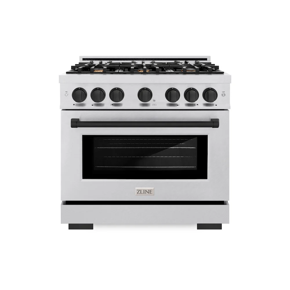 ZLINE Autograph Edition 36 in. 5.2 cu. ft. Select Dual Fuel Range with 6 Burner Gas Cooktop and Electric Convection Oven in Satin Stainless Steel with Matte Black Accents, Open Box-Great Condition - Image 3