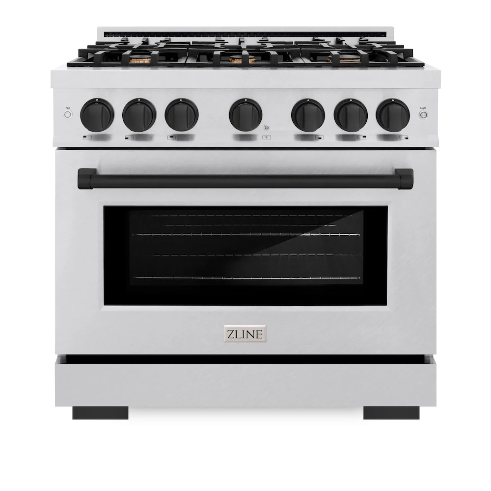 ZLINE Autograph Edition 36 in. 5.2 cu. ft. Select Dual Fuel Range with 6 Burner Gas Cooktop and Electric Convection Oven in Satin Stainless Steel with Matte Black Accents, Open Box-Great Condition - Image 4