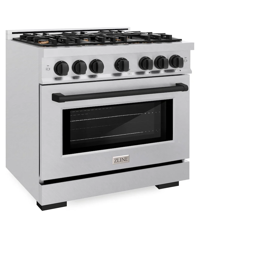 ZLINE Autograph Edition 36 in. 5.2 cu. ft. Select Dual Fuel Range with 6 Burner Gas Cooktop and Electric Convection Oven in Satin Stainless Steel with Matte Black Accents, Open Box-Great Condition - Image 6