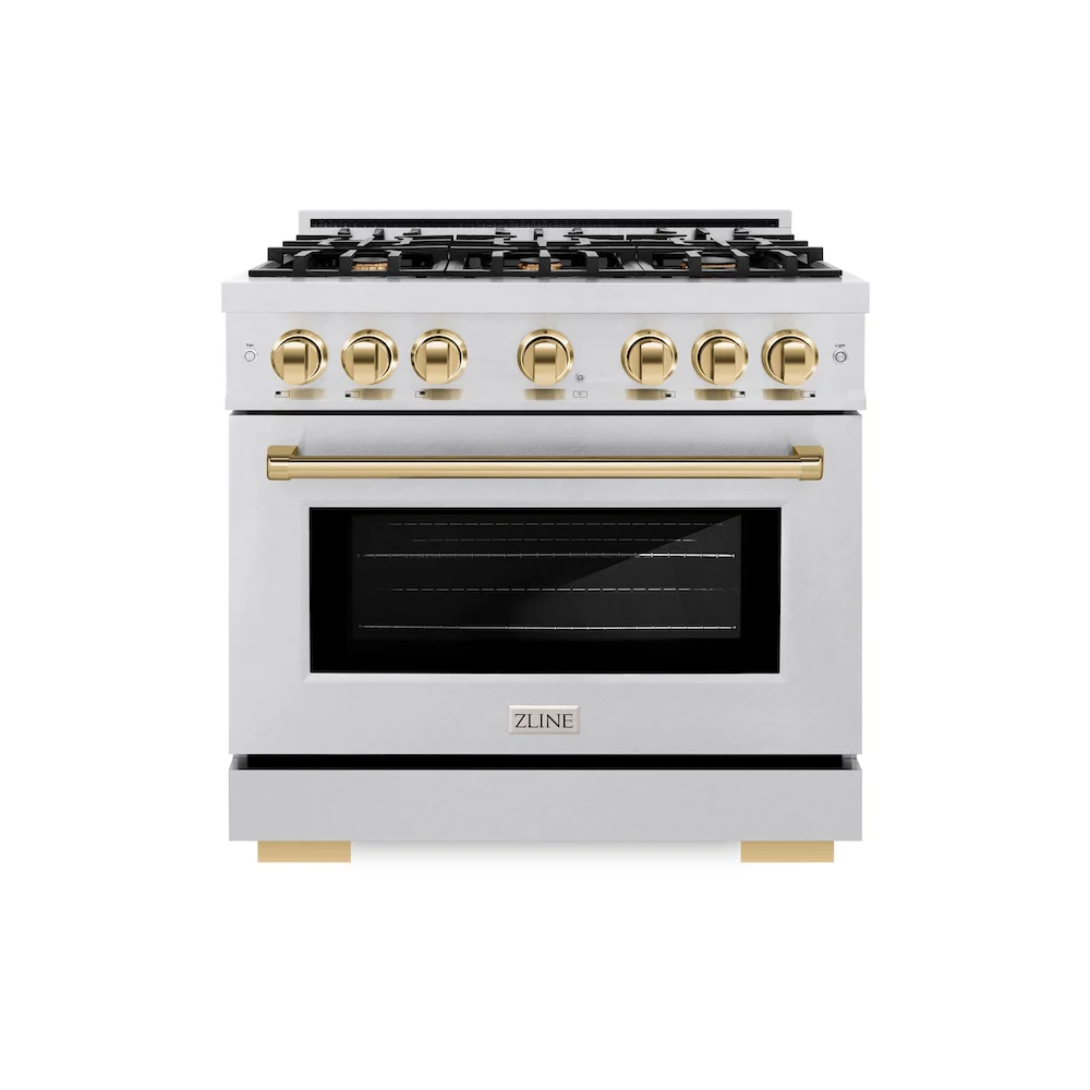 ZLINE Autograph Edition 36 in. 5.2 cu. ft. Select Dual Fuel Range with 6 Burner Gas Cooktop and Electric Convection Oven in Satin Stainless Steel with Polished Gold Accents, Open Box-Great Condition - Image 3