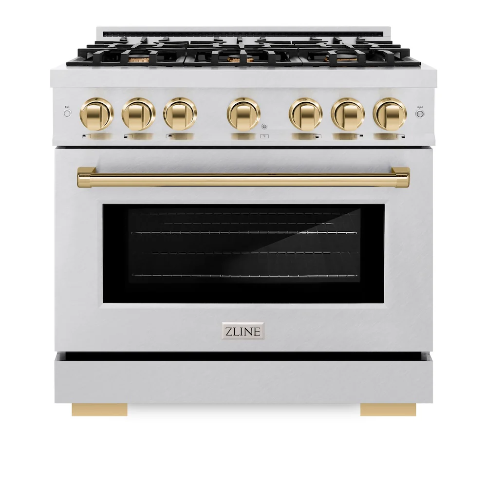 ZLINE Autograph Edition 36 in. 5.2 cu. ft. Select Dual Fuel Range with 6 Burner Gas Cooktop and Electric Convection Oven in Satin Stainless Steel with Polished Gold Accents, Open Box-Great Condition - Image 4