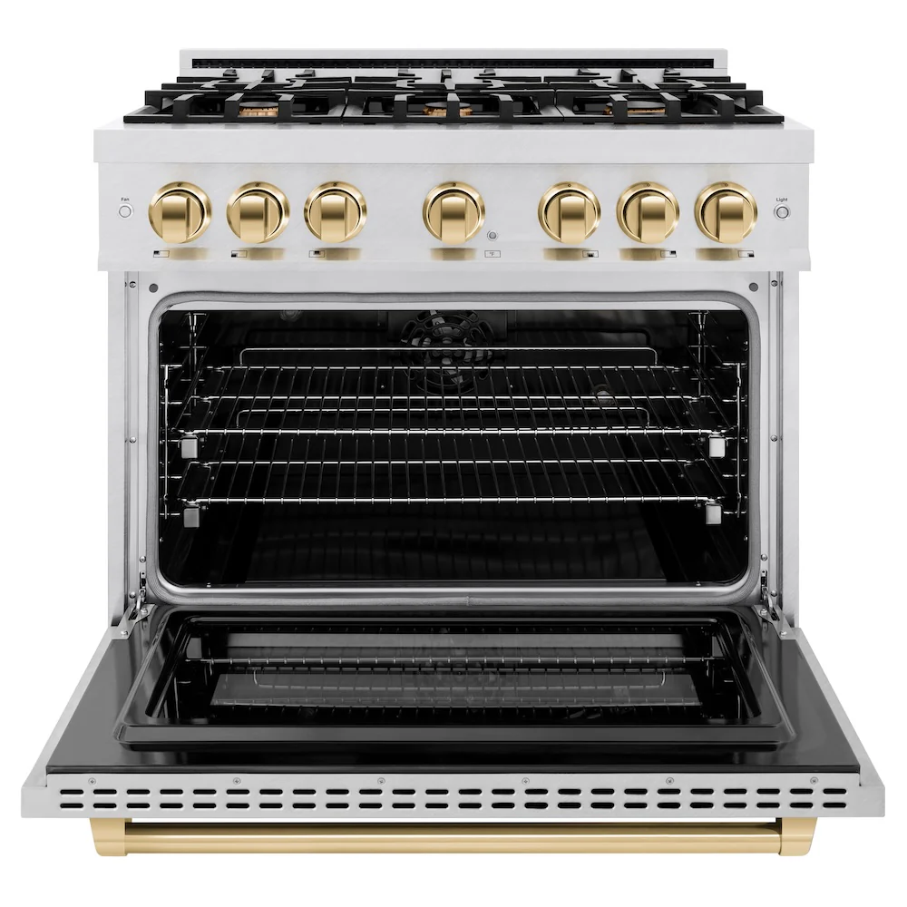 ZLINE Autograph Edition 36 in. 5.2 cu. ft. Select Dual Fuel Range with 6 Burner Gas Cooktop and Electric Convection Oven in Satin Stainless Steel with Polished Gold Accents, Open Box-Great Condition - Image 5