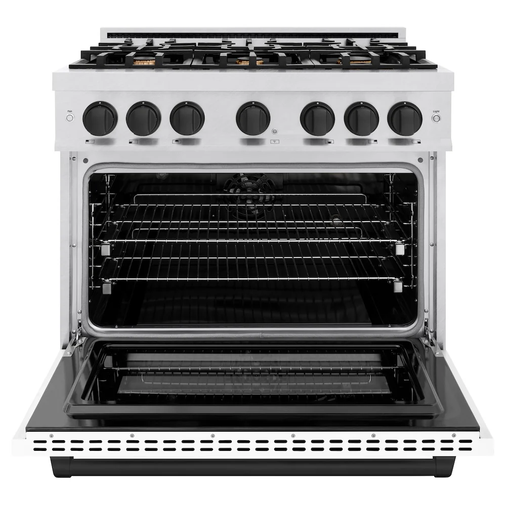 ZLINE Autograph Edition 36 in. 5.2 cu. ft. Select Dual Fuel Range with 6 Burner Gas Cooktop and Electric Convection Oven in Satin Stainless Steel with White Matte Door and Matte Black Accents, Open Box-Great Condition - Image 5