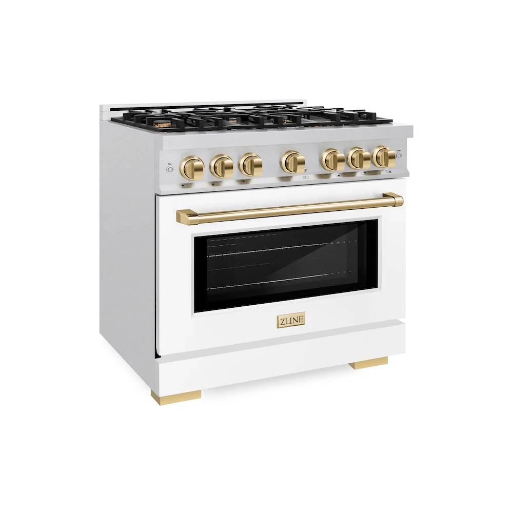 ZLINE Autograph Edition 36 in. 5.2 cu. ft. Select Dual Fuel Range with 6 Burner Gas Cooktop and Electric Convection Oven in Satin Stainless Steel with White Matte Door and Polished Gold Accents, Open Box-Great Condition