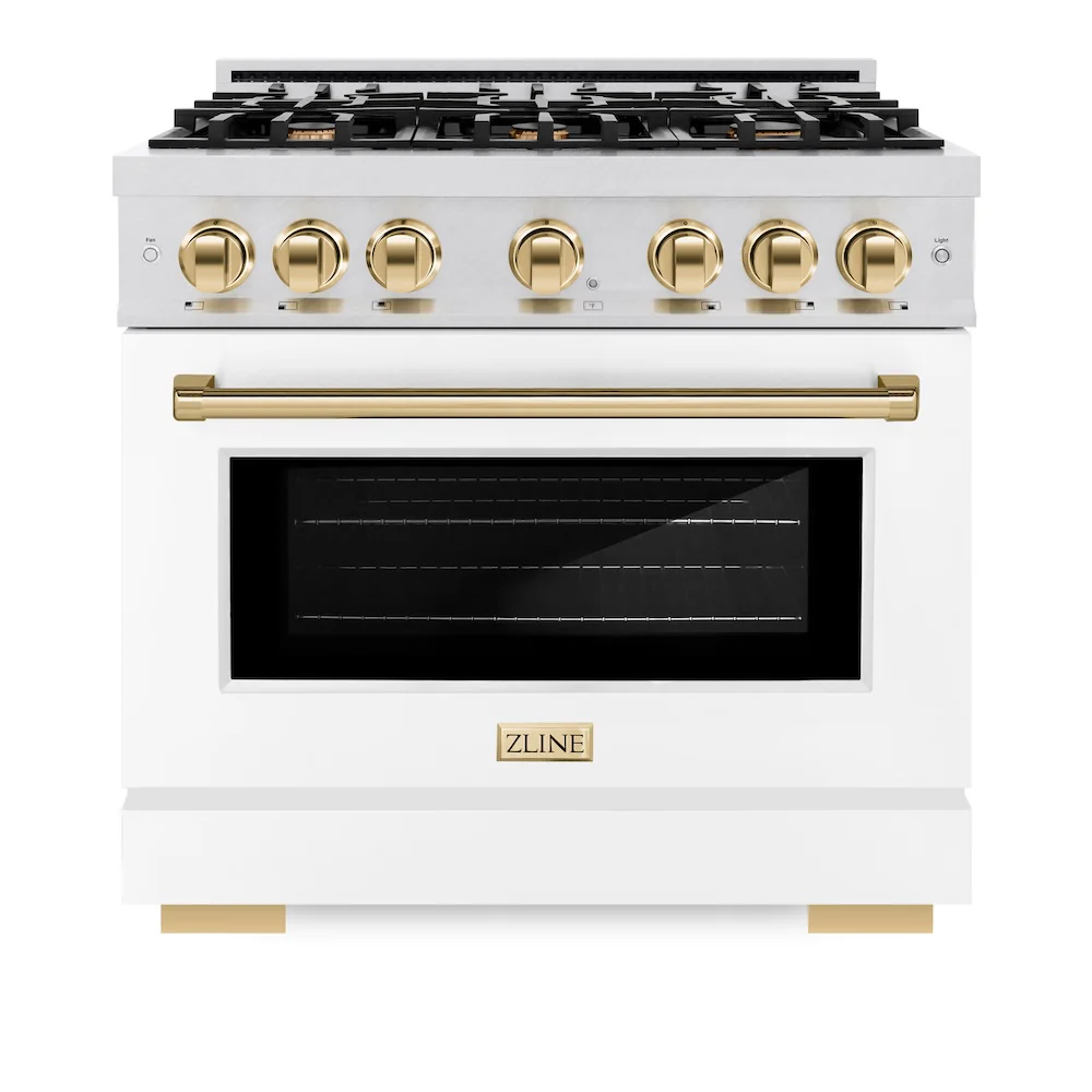 ZLINE Autograph Edition 36 in. 5.2 cu. ft. Select Dual Fuel Range with 6 Burner Gas Cooktop and Electric Convection Oven in Satin Stainless Steel with White Matte Door and Polished Gold Accents, Open Box-Great Condition - Image 3