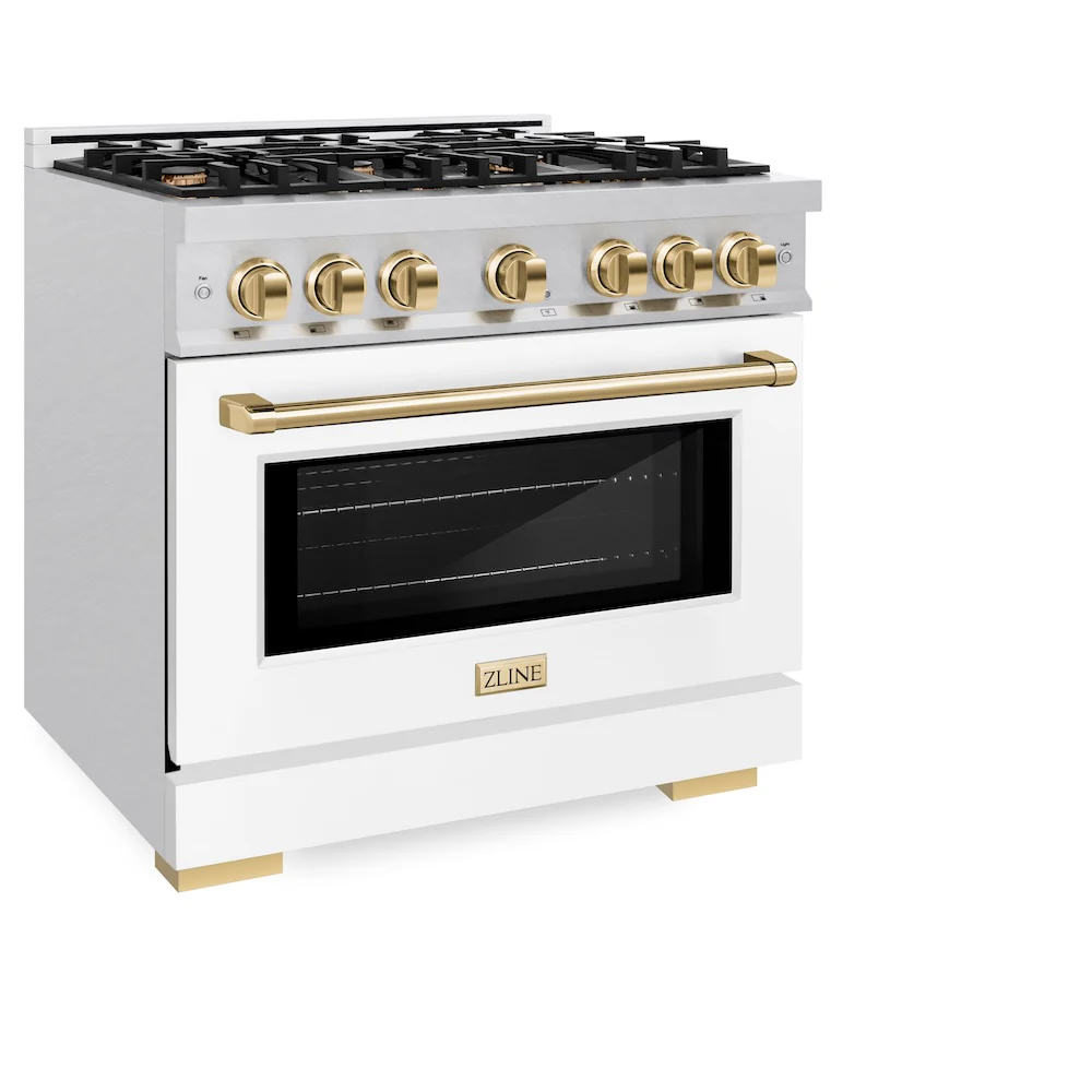 ZLINE Autograph Edition 36 in. 5.2 cu. ft. Select Dual Fuel Range with 6 Burner Gas Cooktop and Electric Convection Oven in Satin Stainless Steel with White Matte Door and Polished Gold Accents, Open Box-Great Condition - Image 6