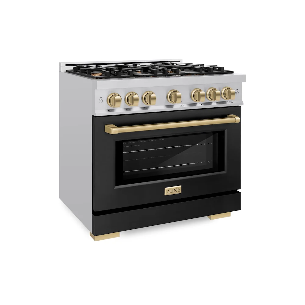 ZLINE Autograph Edition 36 in. 5.2 cu. ft. Select Dual Fuel Range with 6 Burner Gas Cooktop and Electric Convection Oven in Stainless Steel with Black Matte Door and Champagne Bronze Accents, Open Box-Great Condition