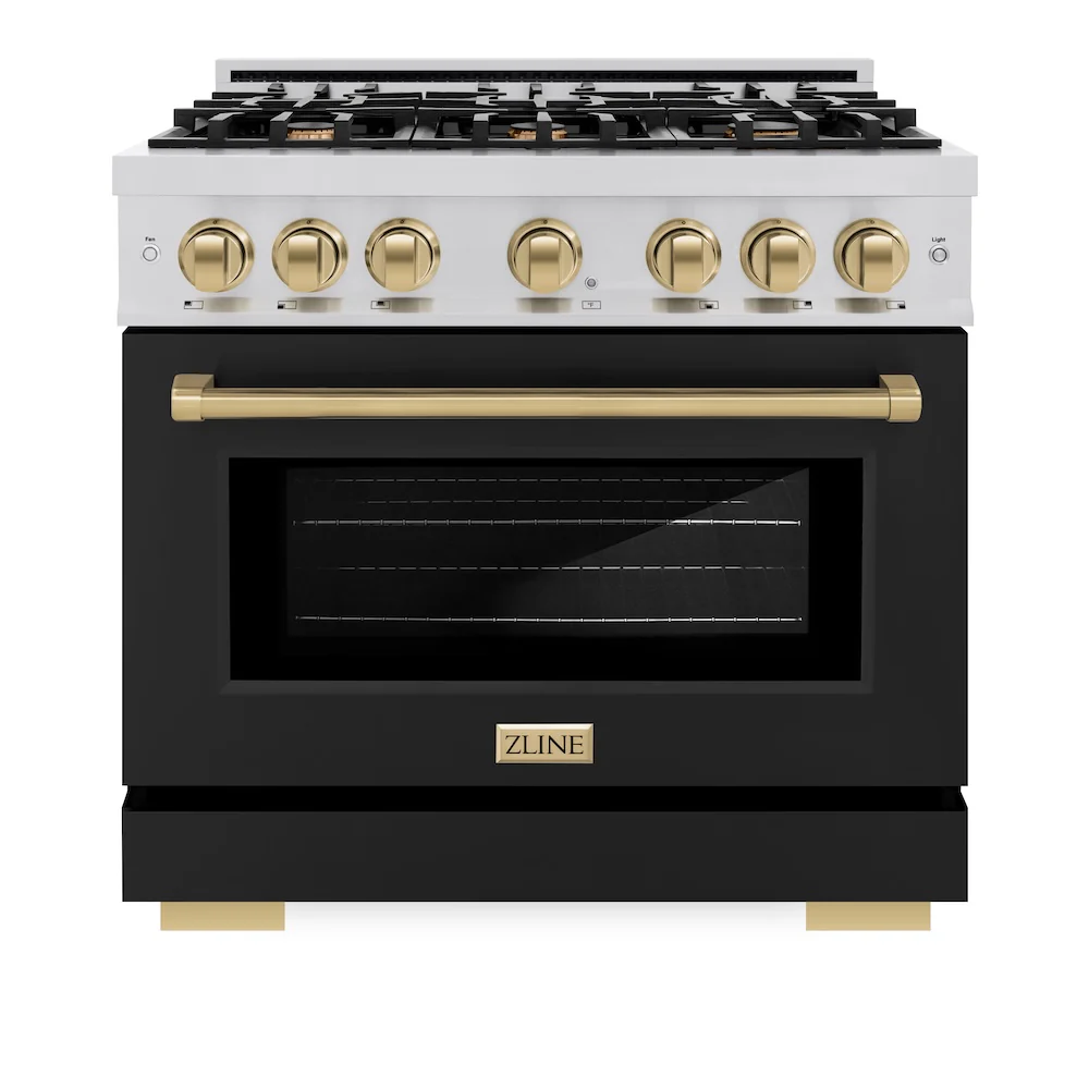 ZLINE Autograph Edition 36 in. 5.2 cu. ft. Select Dual Fuel Range with 6 Burner Gas Cooktop and Electric Convection Oven in Stainless Steel with Black Matte Door and Champagne Bronze Accents, Open Box-Great Condition - Image 3