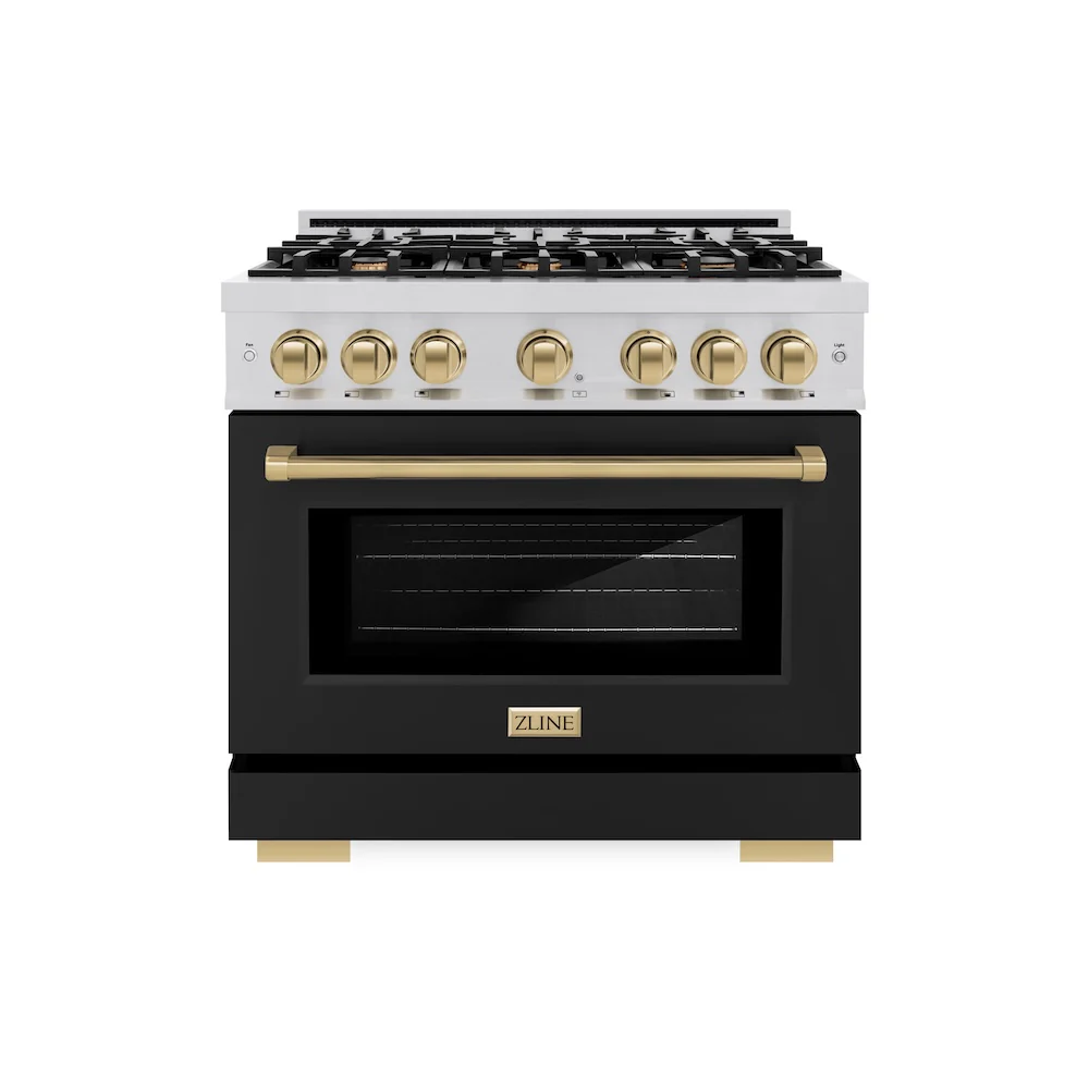 ZLINE Autograph Edition 36 in. 5.2 cu. ft. Select Dual Fuel Range with 6 Burner Gas Cooktop and Electric Convection Oven in Stainless Steel with Black Matte Door and Champagne Bronze Accents, Open Box-Great Condition - Image 4