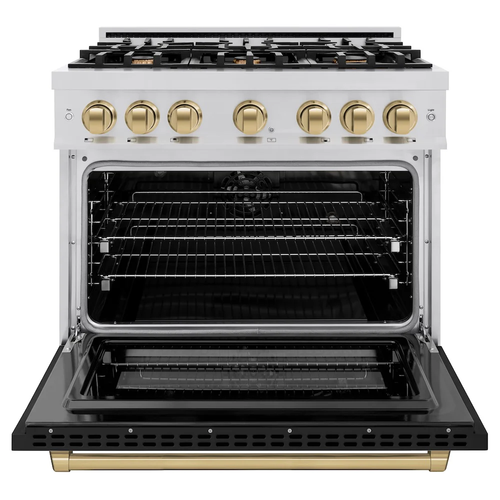 ZLINE Autograph Edition 36 in. 5.2 cu. ft. Select Dual Fuel Range with 6 Burner Gas Cooktop and Electric Convection Oven in Stainless Steel with Black Matte Door and Champagne Bronze Accents, Open Box-Great Condition - Image 5
