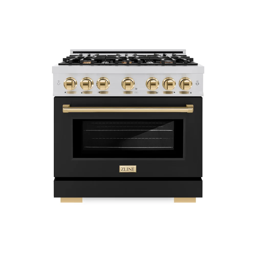 ZLINE Autograph Edition 36 in. 5.2 cu. ft. Select Dual Fuel Range with 6 Burner Gas Cooktop and Electric Convection Oven in Stainless Steel with Black Matte Door and Polished Gold Accents, Open Box-Great Condition - Image 3