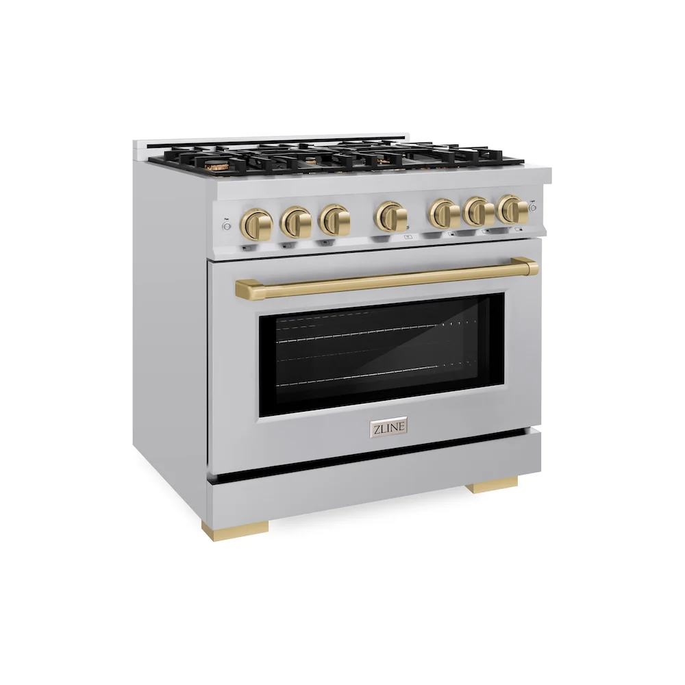 ZLINE Autograph Edition 36 in. 5.2 cu. ft. Select Dual Fuel Range with 6 Burner Gas Cooktop and Electric Convection Oven in Stainless Steel with Champagne Bronze Accents, Open Box-Great Condition