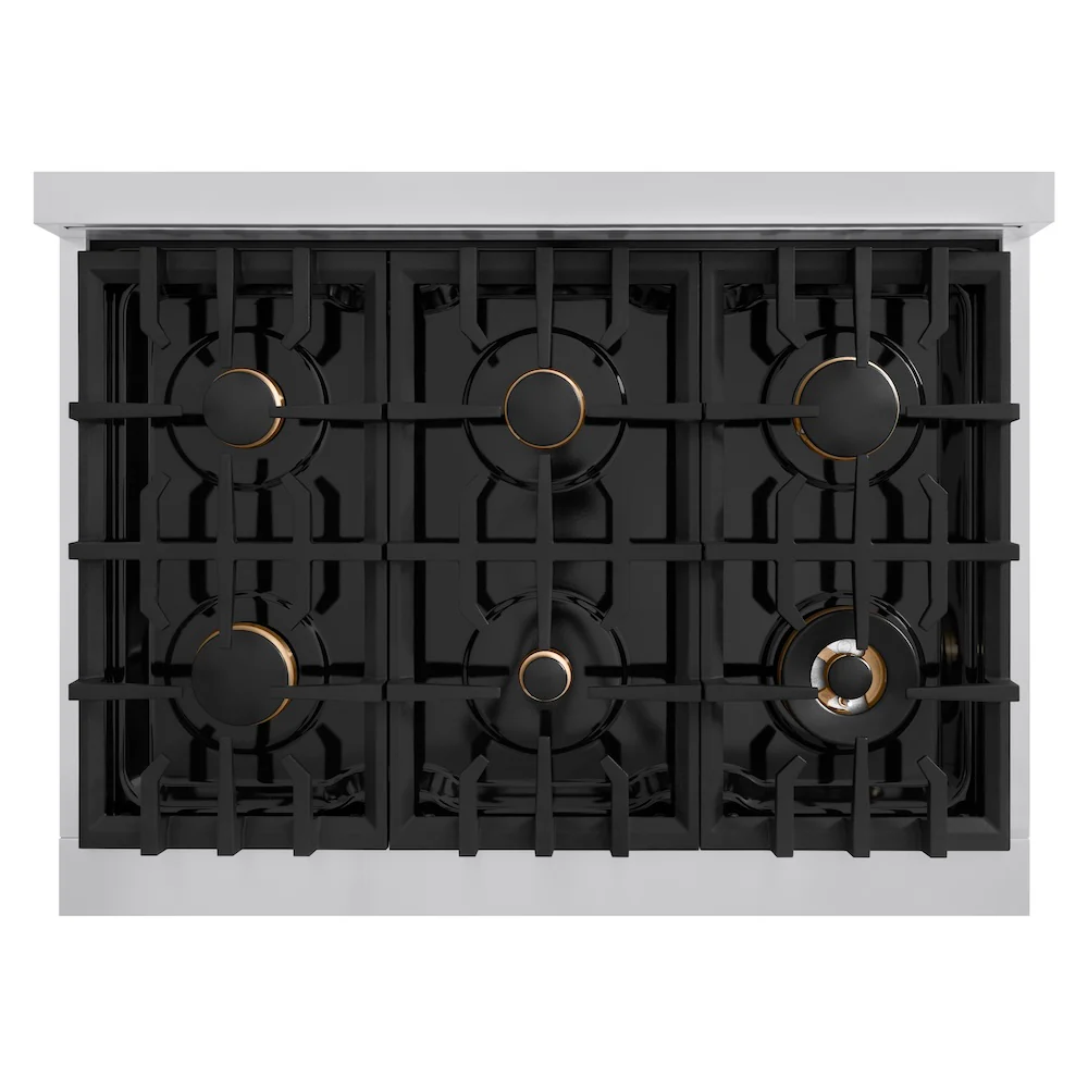 ZLINE Autograph Edition 36 in. 5.2 cu. ft. Select Dual Fuel Range with 6 Burner Gas Cooktop and Electric Convection Oven in Stainless Steel with Champagne Bronze Accents, Open Box-Great Condition - Image 2