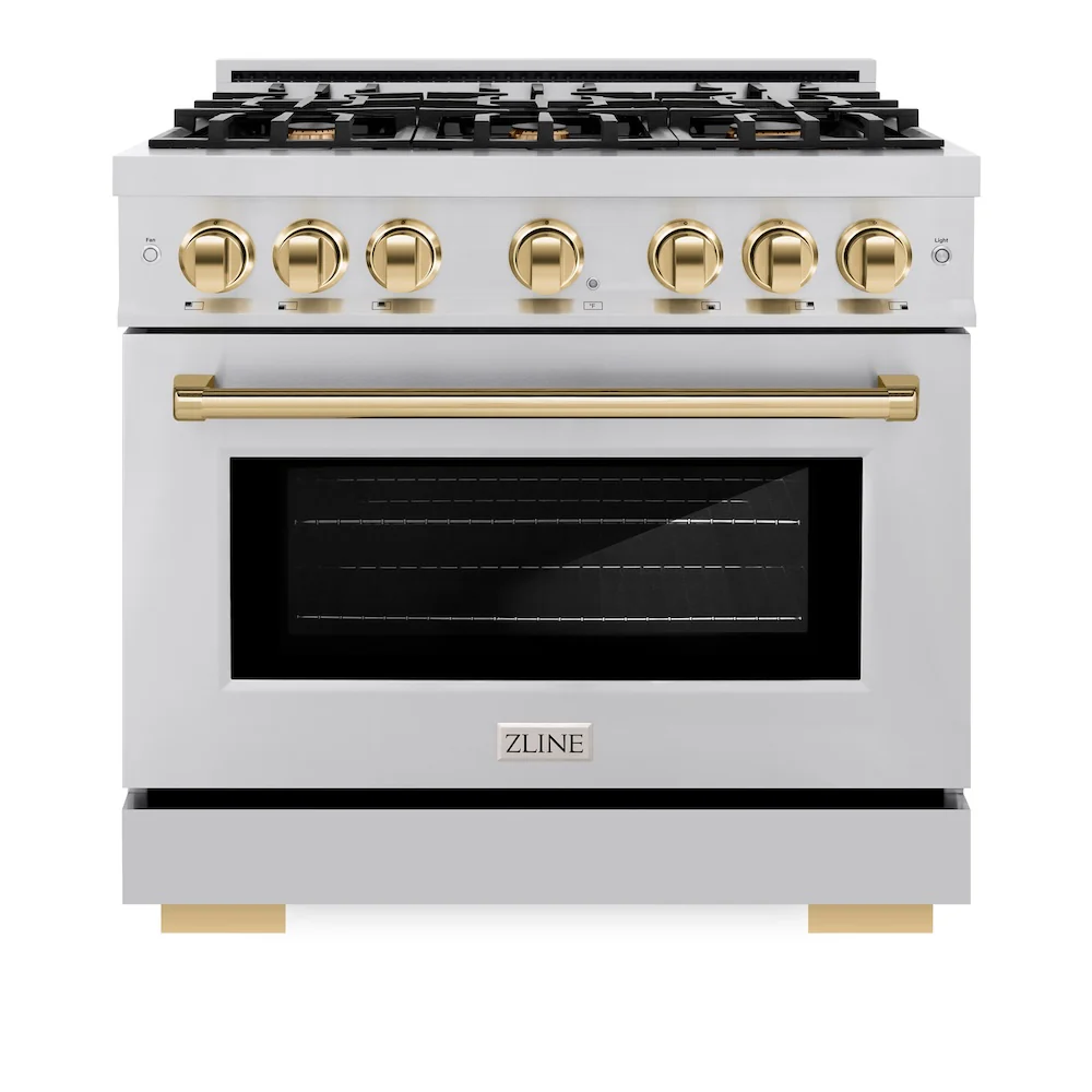 ZLINE Autograph Edition 36 in. 5.2 cu. ft. Select Dual Fuel Range with 6 Burner Gas Cooktop and Electric Convection Oven in Stainless Steel with Polished Gold Accents, Open Box-Great Condition - Image 4