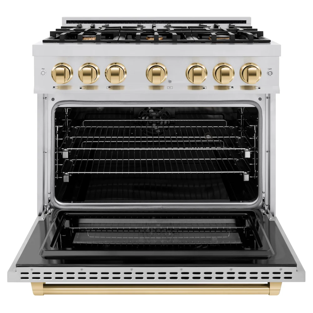 ZLINE Autograph Edition 36 in. 5.2 cu. ft. Select Dual Fuel Range with 6 Burner Gas Cooktop and Electric Convection Oven in Stainless Steel with Polished Gold Accents, Open Box-Great Condition - Image 5