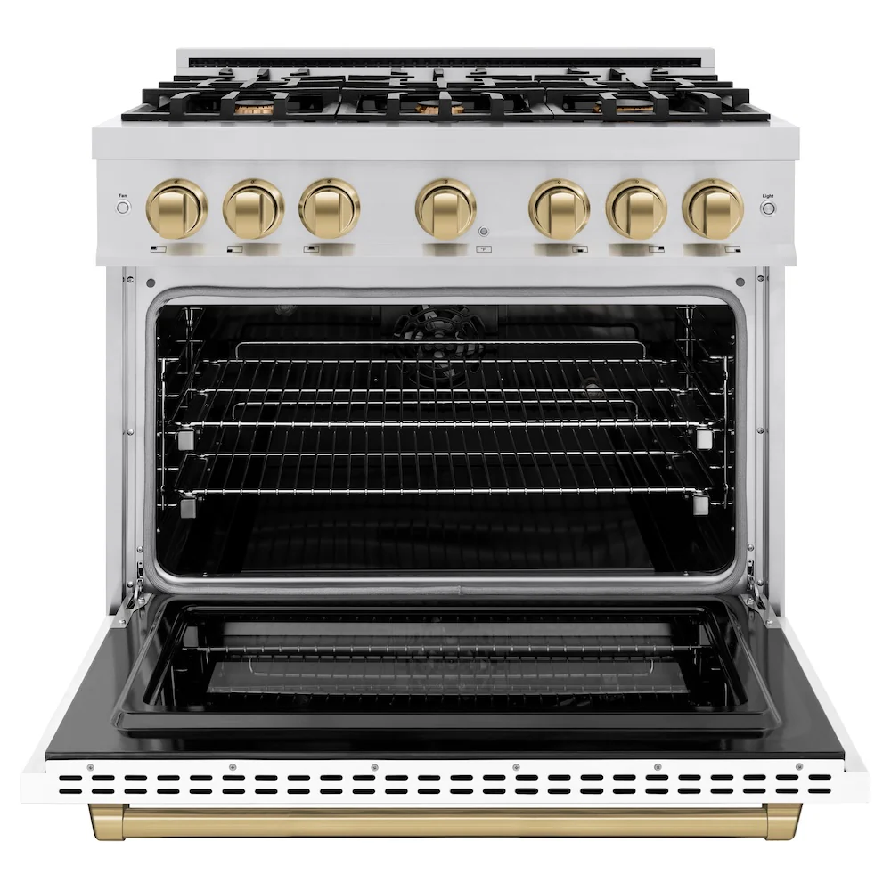 ZLINE Autograph Edition 36 in. 5.2 cu. ft. Select Dual Fuel Range with 6 Burner Gas Cooktop and Electric Convection Oven in Stainless Steel with White Matte Door and Champagne Bronze Accents, Open Box-Great Condition - Image 5