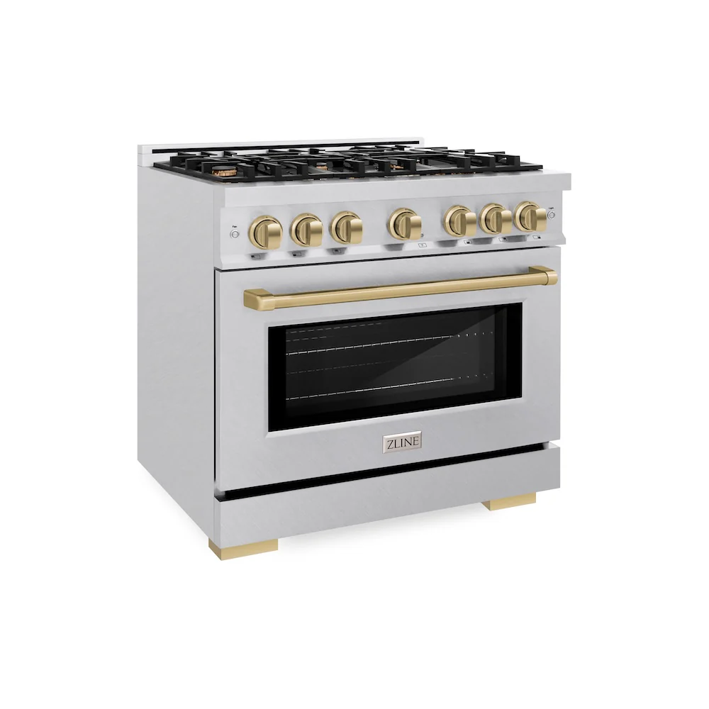 ZLINE Autograph Edition 36 in. 5.2 cu. ft. Select Gas Range with 6 Burner Cooktop and Convection Gas Oven in Satin Stainless Steel and Champagne Bronze Accents, Open Box-Great Condition